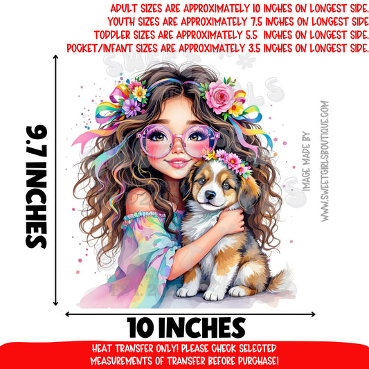 Flower Crown Girl with Puppy DTF Heat Transfer – Boho Dog Lover Iron-On