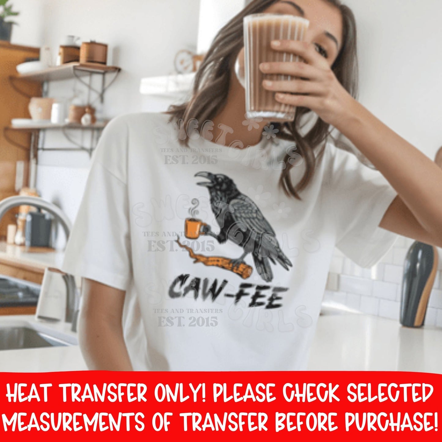 Caw-Fee Raven Coffee DTF Heat Transfer | Funny Halloween Crow Drinking Coffee Iron-On Applique | Gothic Bird Design
