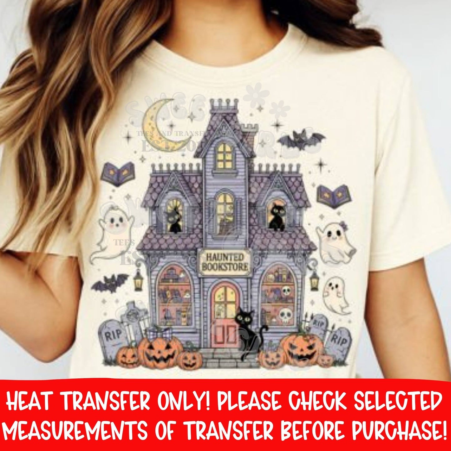 Haunted Bookstore Halloween DTF Heat Transfer | Spooky Ghosts Pumpkins Cats Bats Iron-On | Cute Vintage Haunted House Applique