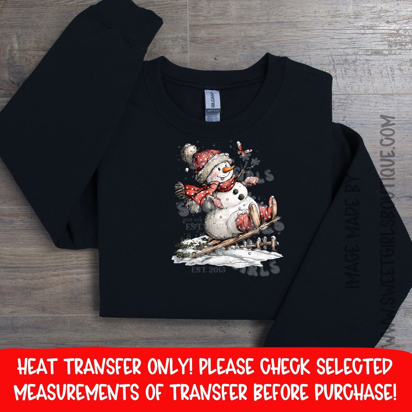 Snowman Sled Ride DTF Heat Transfer – Vintage Christmas Snow Scene Design – Cute Holiday Iron-On – NOT A SHIRT – Ready to Press Cold Peel Transfer