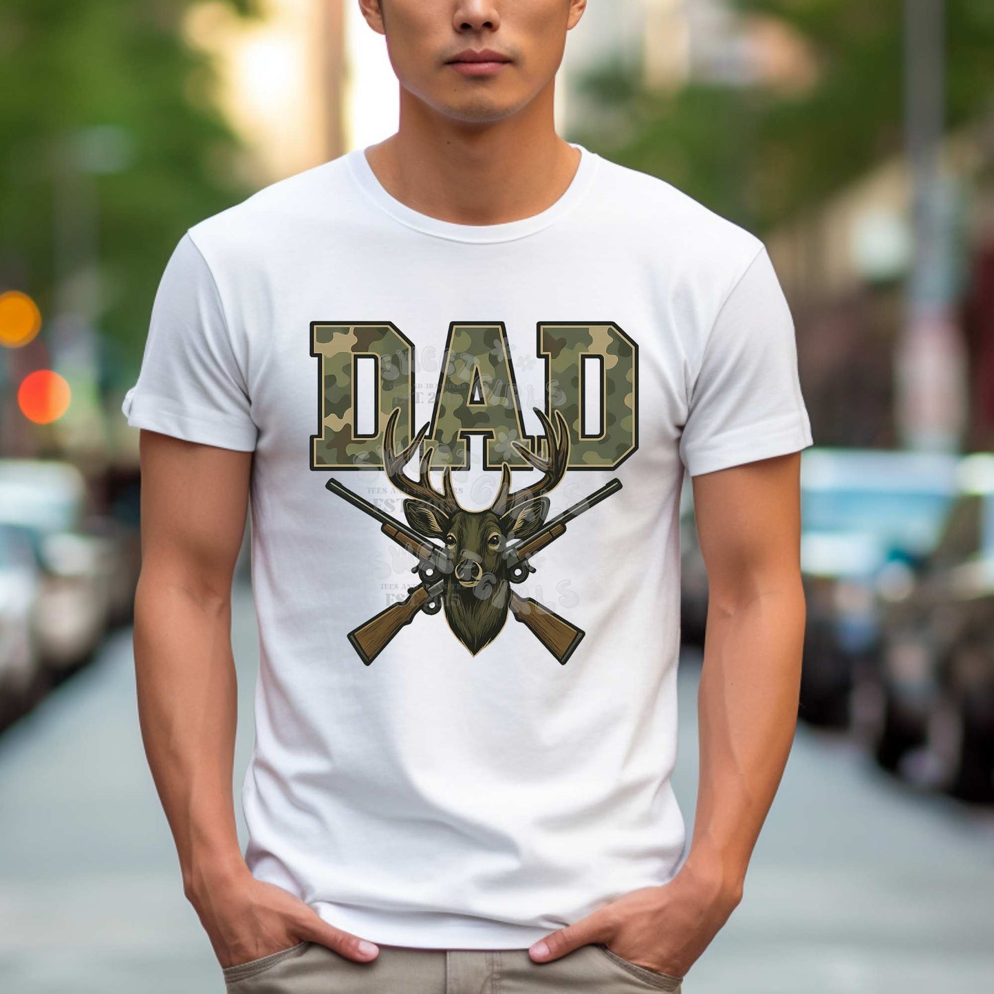 Dad Camo Deer with Crossed Gear – Hunting Theme Heat Transfer – Ready to Press DTF Iron-On Sticker for T-Shirts, Sweatshirts, and Gifts