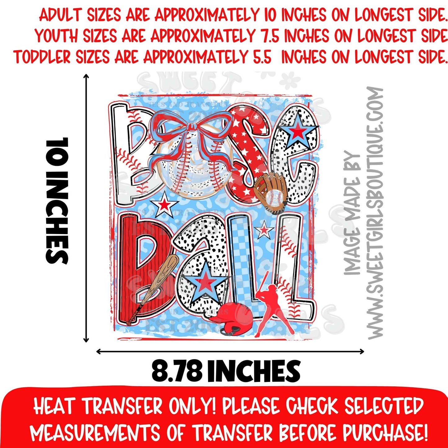 Baseball Bow Patriotic Heat Transfer Baseball Game Day DTF Not a Shirt