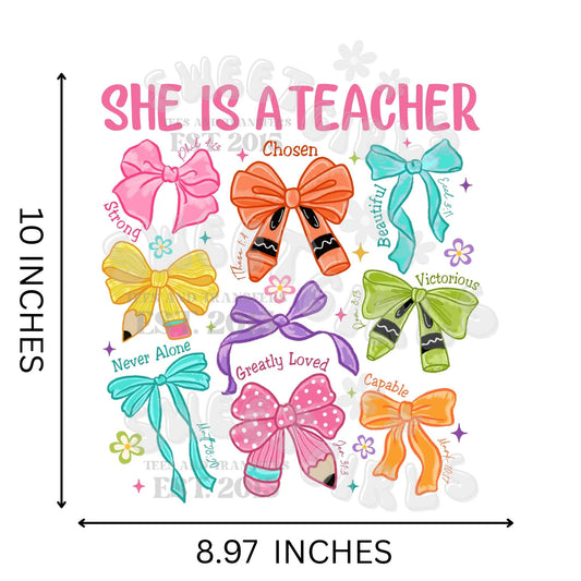 She is a Teacher Scripture Pencil Bow DTF Transfer – Christian Teacher HEAT TRANSFER – Direct to Film Iron-On for T-Shirts, Backpacks, Decor – Bible Verse Print, Washable, Press Ready