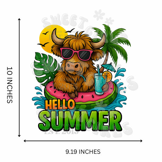 Hello Summer Highland Cow DTF Transfer – Cute Funny Heat Transfer Iron-On Sticker for T-Shirts, Bags | Watermelon & Pool Vibes