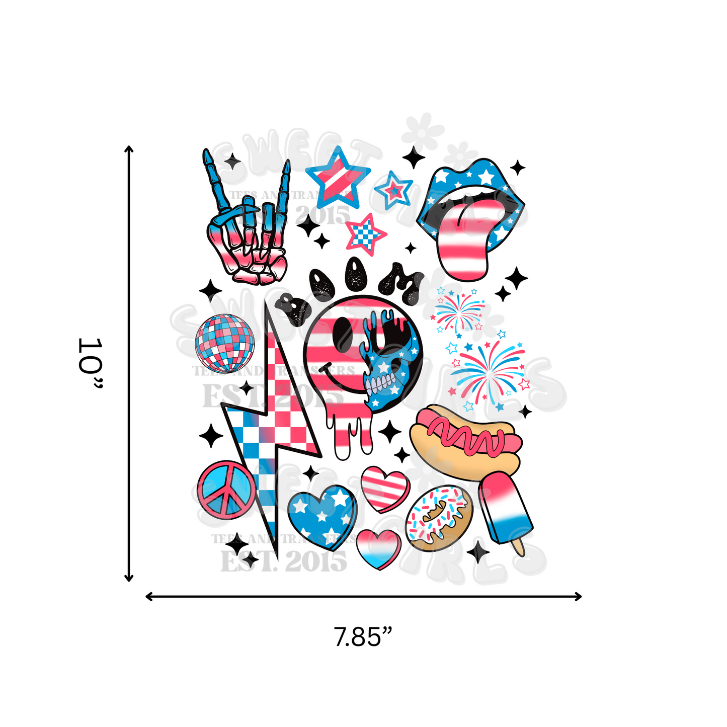 4th of July Icon DTF Transfer – Patriotic Smiley, Fireworks & Peace Sign Iron-On – Ready to Press DTF Heat Transfer for USA T-Shirts & Fabric Decor – Washable & Iron-Ready