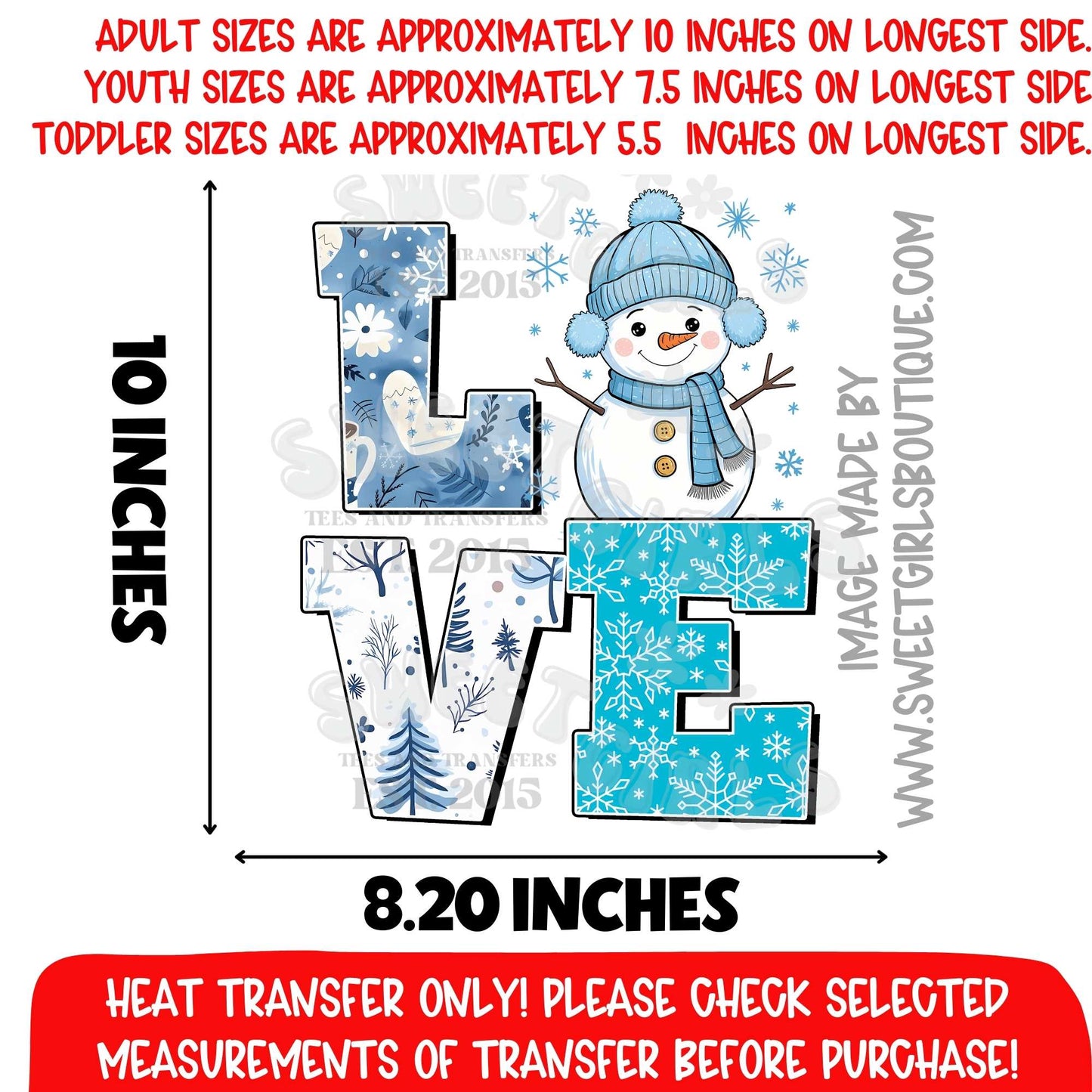 LOVE Snowman Winter Heat Transfer – Blue Snowflake Lettering DTF Print (Not a Shirt)
