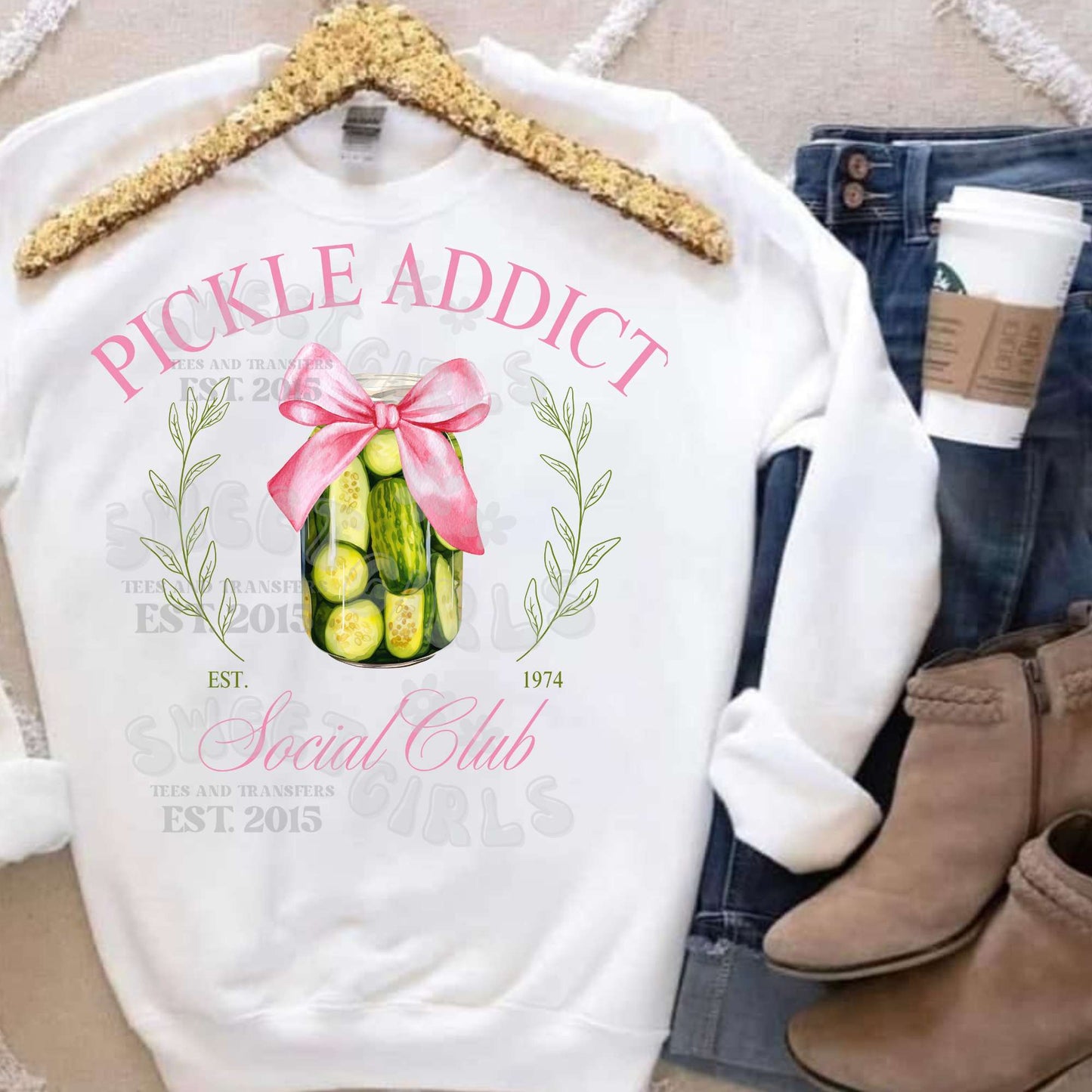 Pickle Addict Social Club DTF Transfer – Pink Bow Pickle Jar Iron-On Heat Transfer for T-Shirts, Sweatshirts & Totes