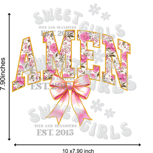 Amen Floral Glitter Bow DTF Transfer – Direct to Film Christian HEAT TRANSFER – Iron-On for Tees, Hoodies, and Fabric Projects
