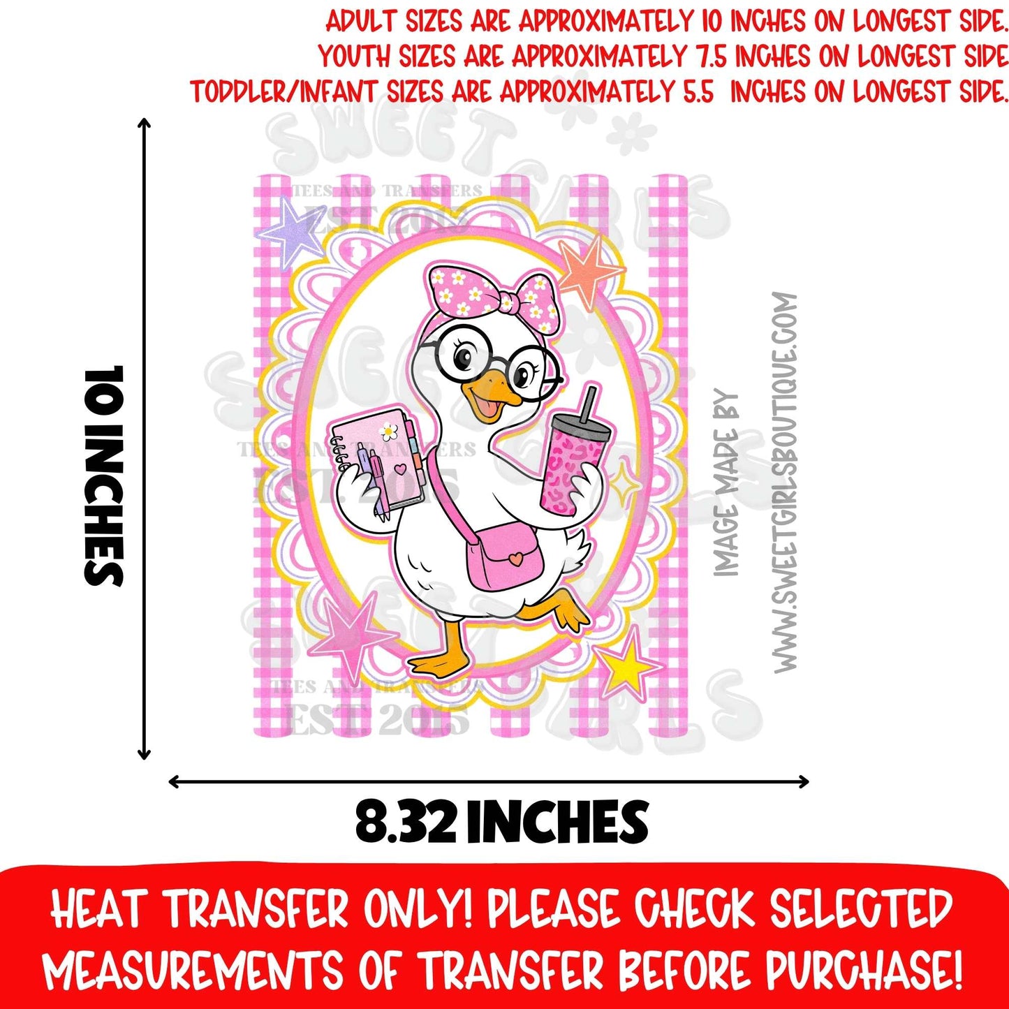 Pink Goose Coquette Bow School Preppy DTF Heat Transfer, Ready To Press, NOT A SHIRT