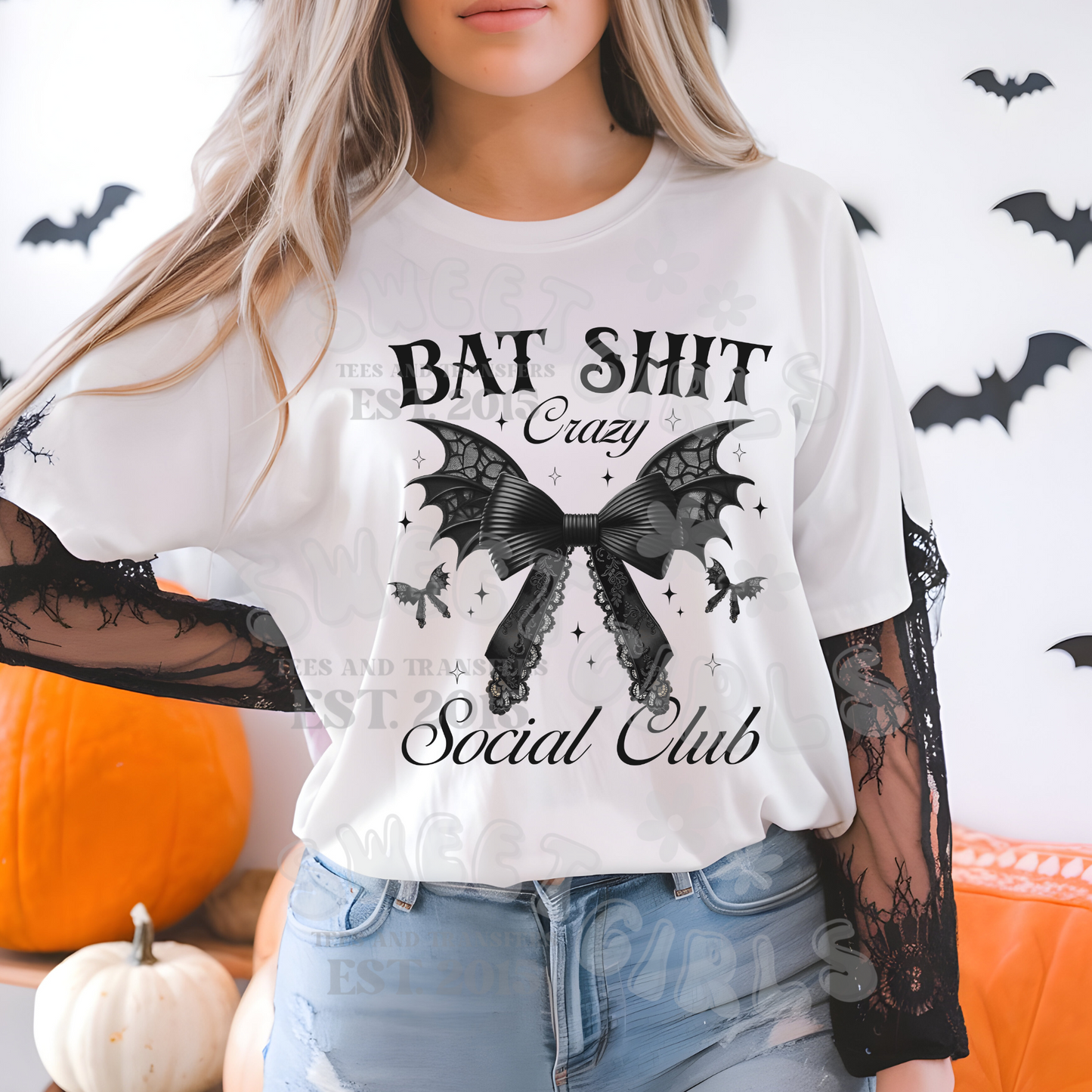 Bat Sh*t Crazy Social Club Heat Transfer – Ready to Press Gothic Halloween Bow with Bat Wings for Shirts, Sweatshirts, Bags & More – Washable Iron-On Transfer, Bold Trendy Print for DIY Projects