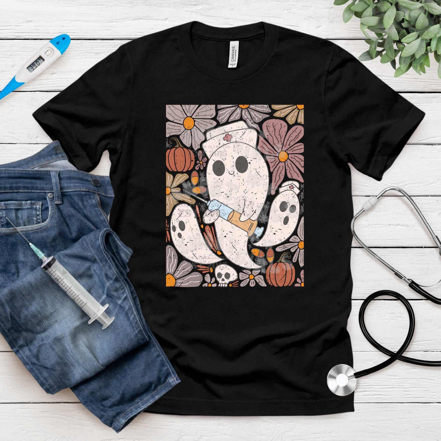 Boho Spooky Nurse Ghost DTF Transfer – Halloween Fall Flowers Medical Ready to Press