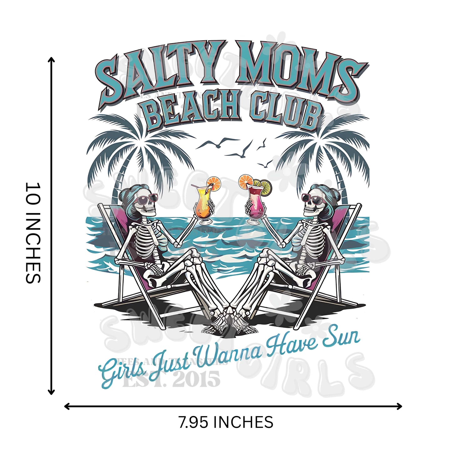 Salty Moms Beach Club DTF Heat Transfer – Skeleton Girls with Cocktails Iron-On Sticker for Summer Tees, Beach Bags & Poolside Apparel – Washable Direct to Film July 4th Transfer – Long-Lasting & Press-Ready