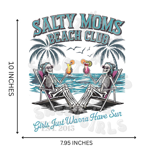 Salty Moms Beach Club DTF Heat Transfer – Skeleton Girls with Cocktails Iron-On Sticker for Summer Tees, Beach Bags & Poolside Apparel – Washable Direct to Film July 4th Transfer – Long-Lasting & Press-Ready