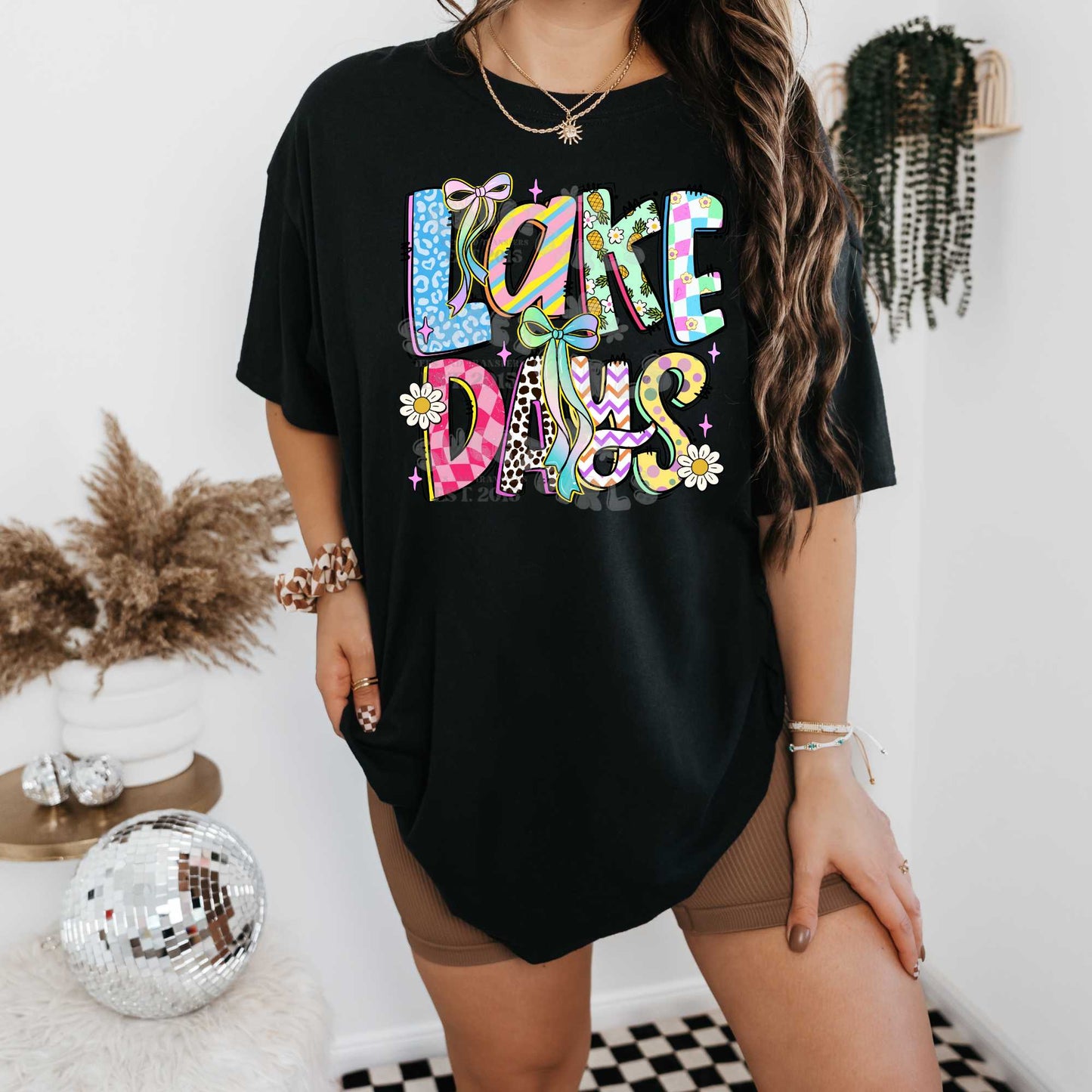 Lake Days Bow Groovy DTF Transfer – Colorful Retro Summer Iron-On Heat Transfer – Boho Hippie Letter Print for DIY Tees and Bags