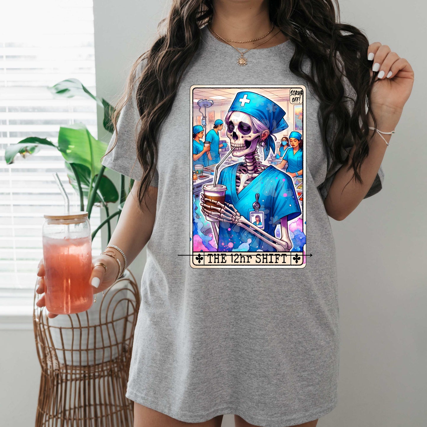 The 12hr Shift Nurse Skeleton DTF Transfer – Funny Iron-On Sticker for Scrubs, T-Shirts & Workwear – Direct to Film Heat Transfer for Medical Professionals – Washable and Long-Lasting Fabric Decor