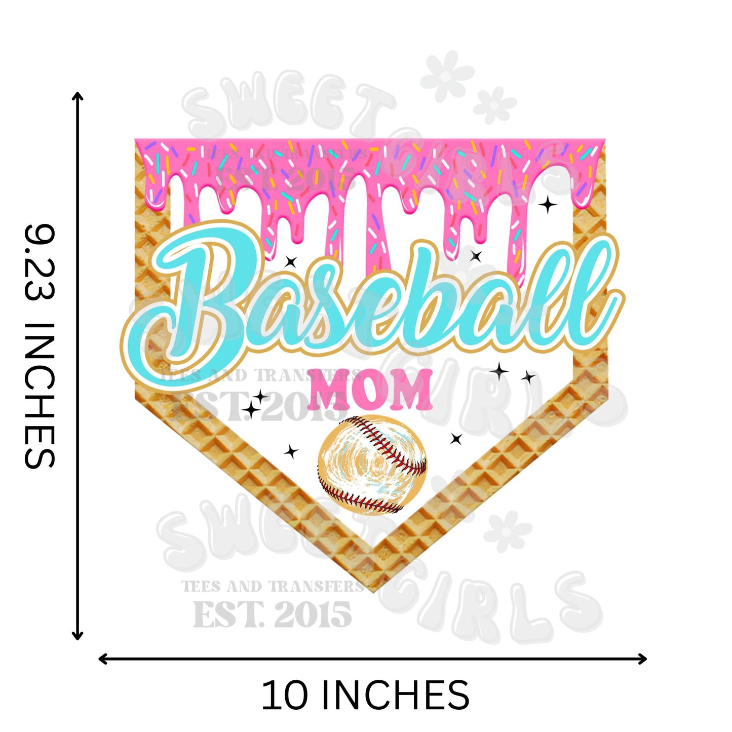 Baseball Mom DTF Heat Transfer – Waffle Cone Pink Drip Baseball Home Plate Iron-On for T-Shirts, Totes & Game Day Wear – Washable & Long-Lasting