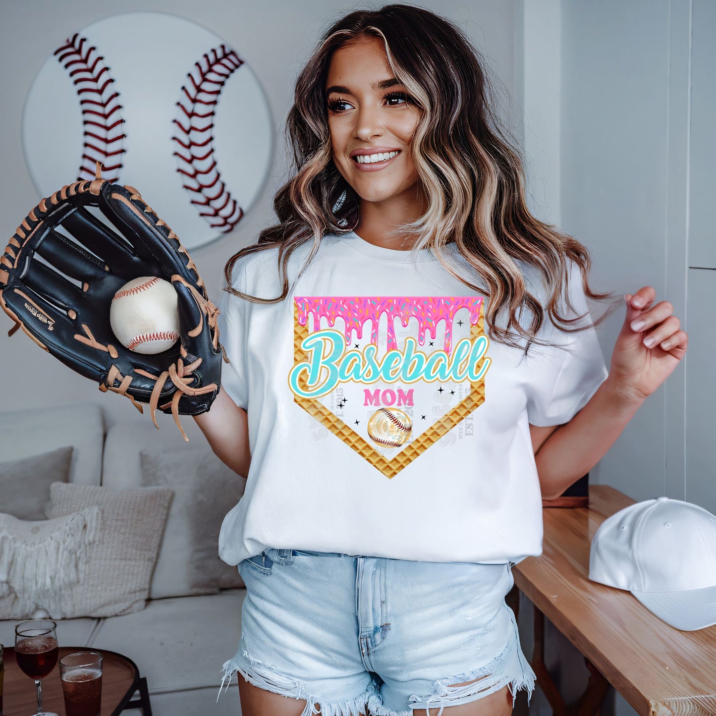 Baseball Mom DTF Heat Transfer – Waffle Cone Pink Drip Baseball Home Plate Iron-On for T-Shirts, Totes & Game Day Wear – Washable & Long-Lasting