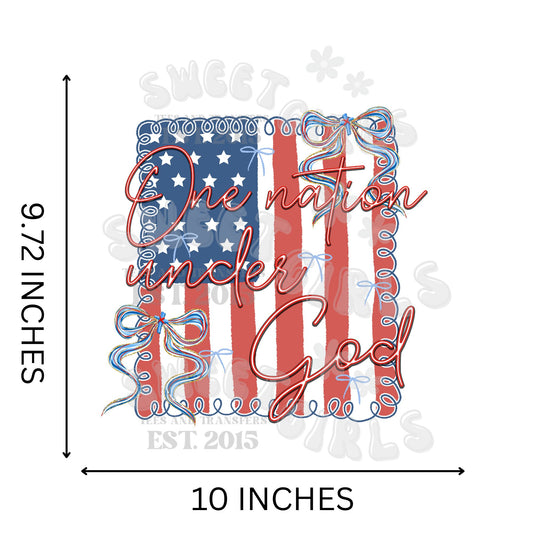 One Nation Under God Patriotic T-Shirt – USA Flag Christian Coquette Bow Tee – 4th of July Heat Transfer – Ready to Press Iron-On for Shirts & Decor