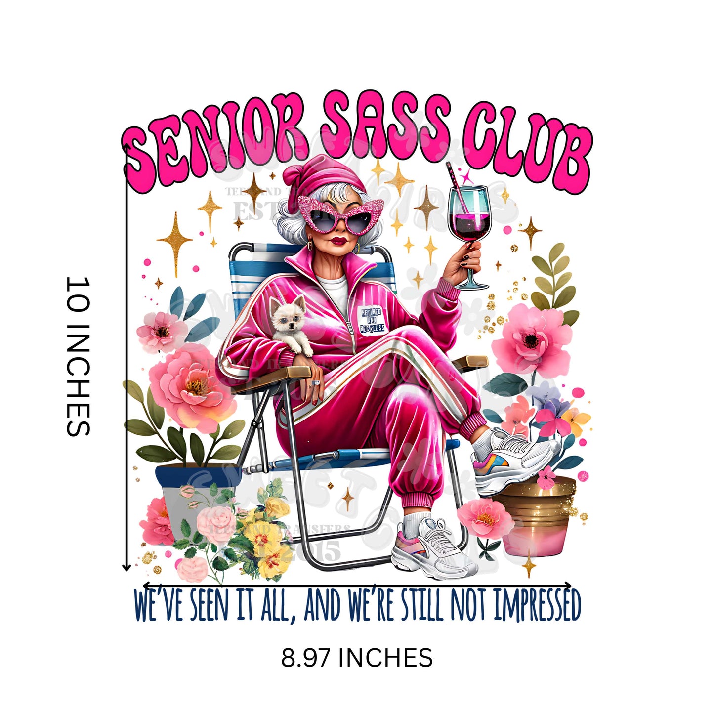 Senior Sass Club DTF Transfer – Sassy Granny in Tracksuit Iron-On for T-Shirts, Sweatshirts & Fabric Decor – Long-Lasting Heat Transfer for Elder Gift Apparel – Washable Direct to Film Ready to Press Sticker