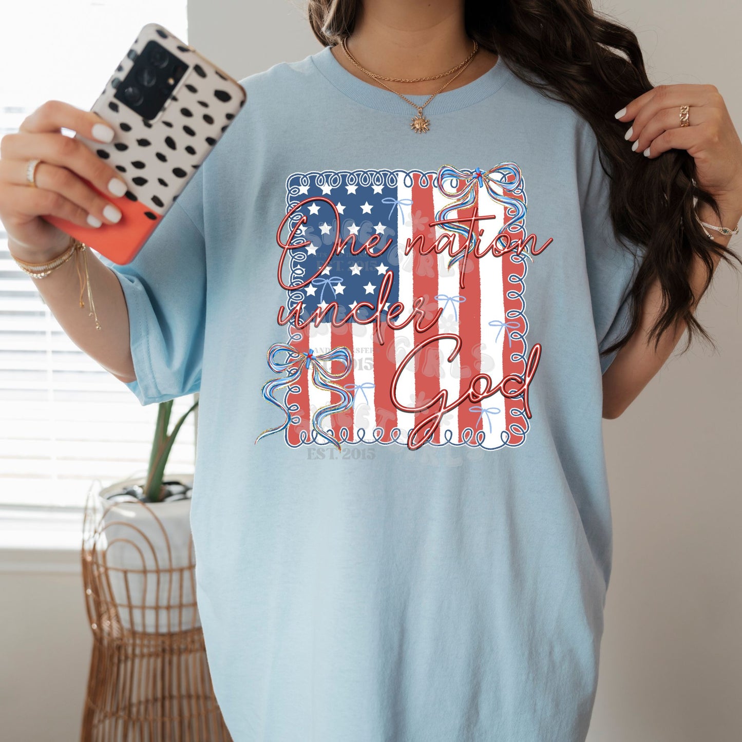 One Nation Under God Patriotic T-Shirt – USA Flag Christian Coquette Bow Tee – 4th of July Heat Transfer – Ready to Press Iron-On for Shirts & Decor