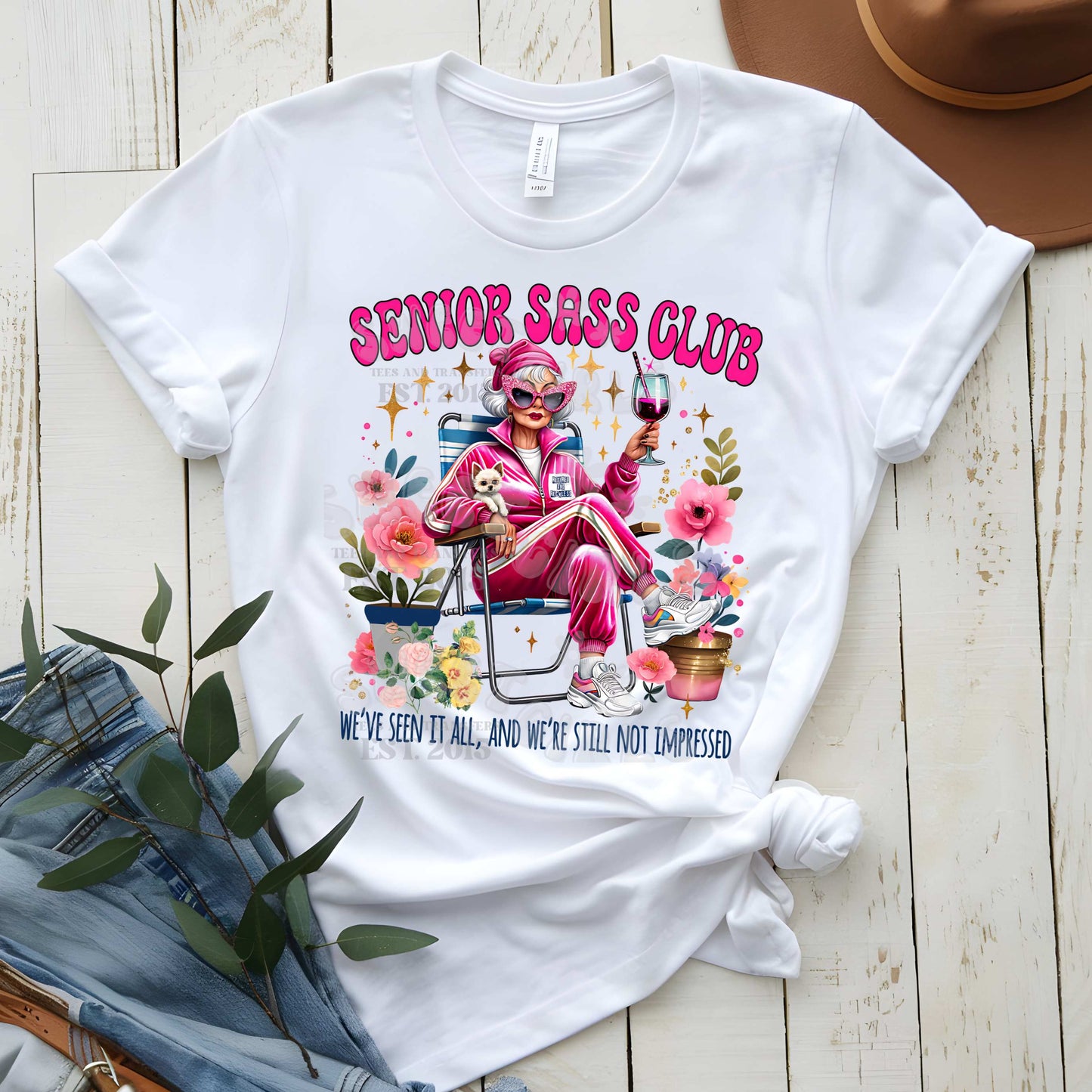 Senior Sass Club DTF Transfer – Sassy Granny in Tracksuit Iron-On for T-Shirts, Sweatshirts & Fabric Decor – Long-Lasting Heat Transfer for Elder Gift Apparel – Washable Direct to Film Ready to Press Sticker