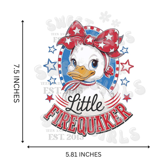 Little Firequaker DTF Transfer – July 4th Duck with Bow Iron-On for T-Shirts, Sweatshirts, Kids Clothes, and Bags – Patriotic Coquette Style Heat Transfer – Long-Lasting Washable Sticker for Fabric Decor – Ready to Press