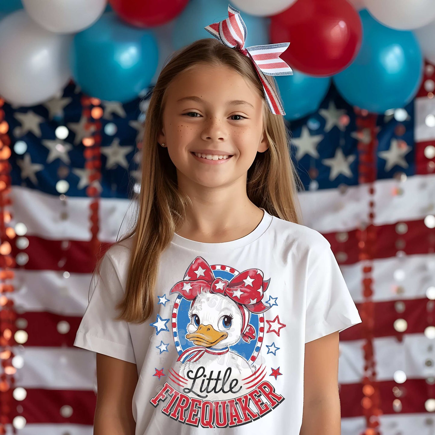 Little Firequaker DTF Transfer – July 4th Duck with Bow Iron-On for T-Shirts, Sweatshirts, Kids Clothes, and Bags – Patriotic Coquette Style Heat Transfer – Long-Lasting Washable Sticker for Fabric Decor – Ready to Press