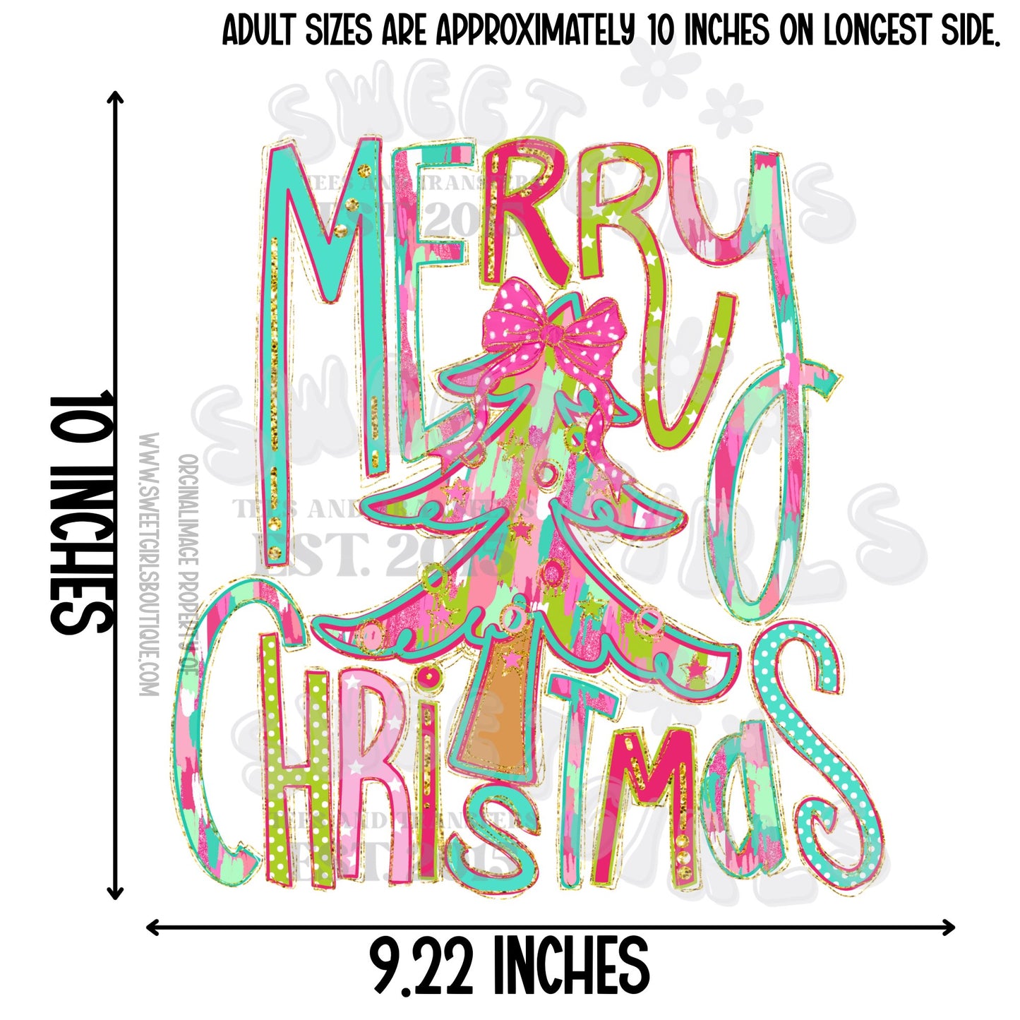 Merry Christmas Pastel Tree Heat Transfer – Pink Bow Holiday DTF Iron-On for DIY Shirts