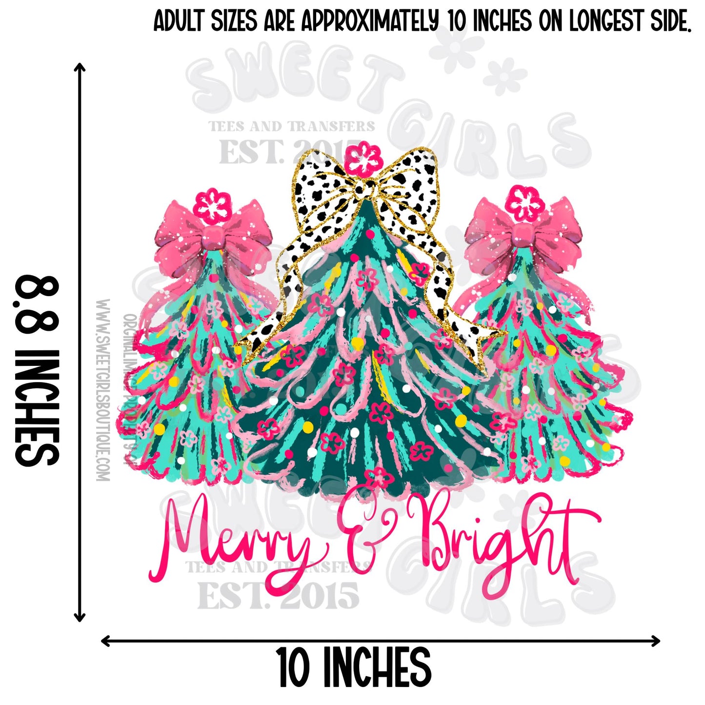 Merry & Bright Leopard Bow Christmas Tree Heat Transfer – Girly Pink DTF Iron-On for Holiday Shirts