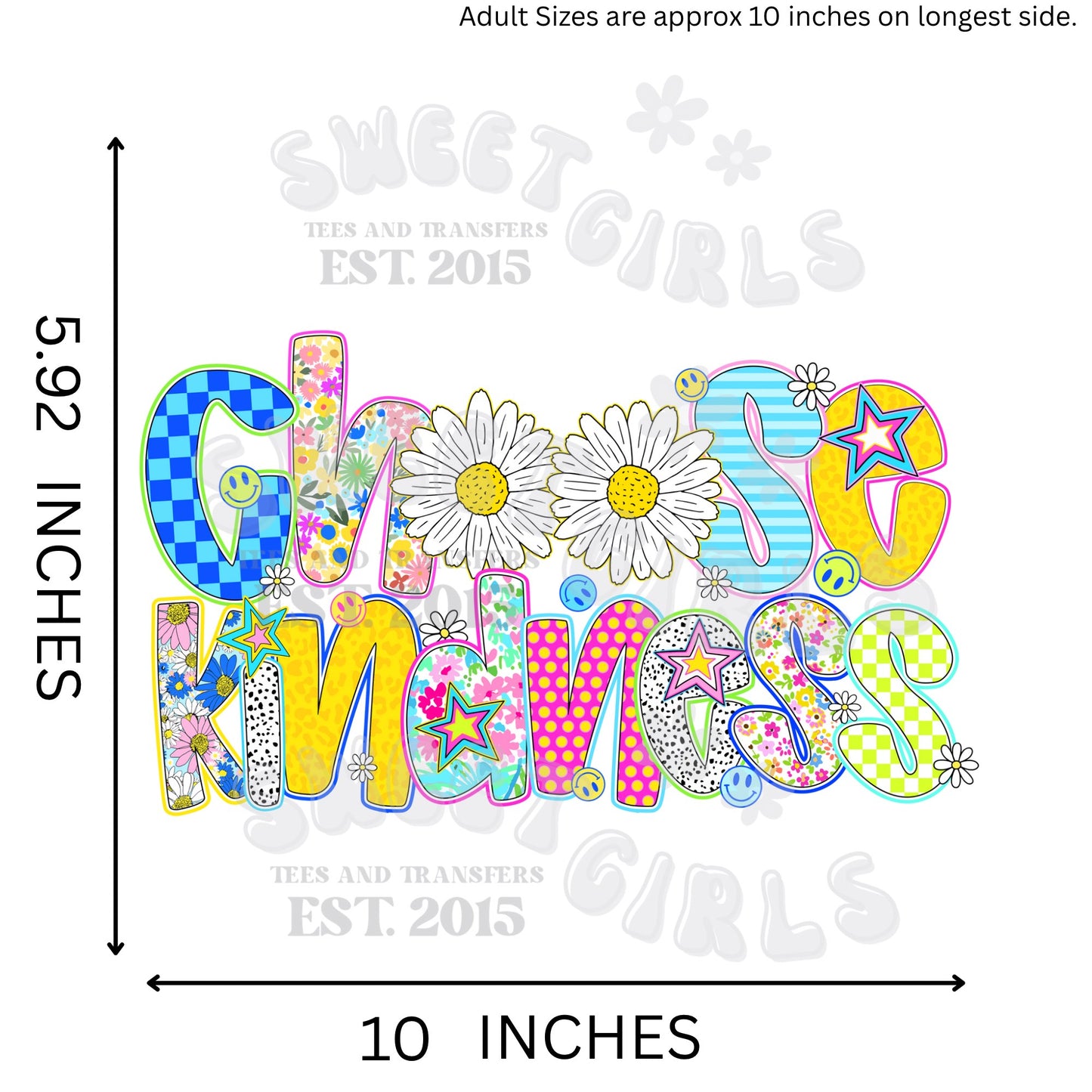 Choose Kindness Daisy Retro Lettering HEAT TRANSFER – DTF Iron-On for T-Shirts, Bags, and Apparel – Bright Flower Power Groovy Positive Message Sticker for Fabric