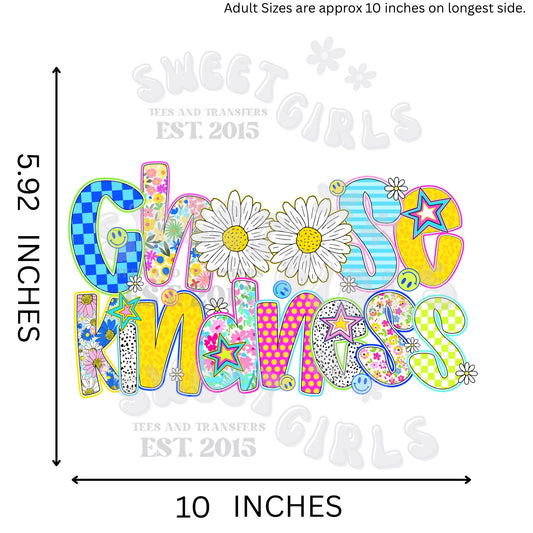 Choose Kindness Daisy Retro Lettering HEAT TRANSFER – DTF Iron-On for T-Shirts, Bags, and Apparel – Bright Flower Power Groovy Positive Message Sticker for Fabric