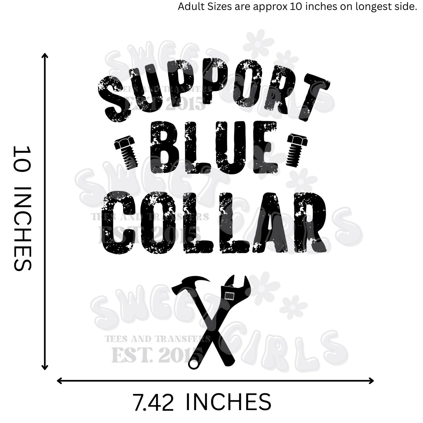 Support Blue Collar HEAT TRANSFER – Grunge Tools DTF Transfer Ready to Press Iron-On for Shirts, Workwear, Totes – Durable, Washable, Long-Lasting DIY Heat Press Decal for Hardworking Men and Women