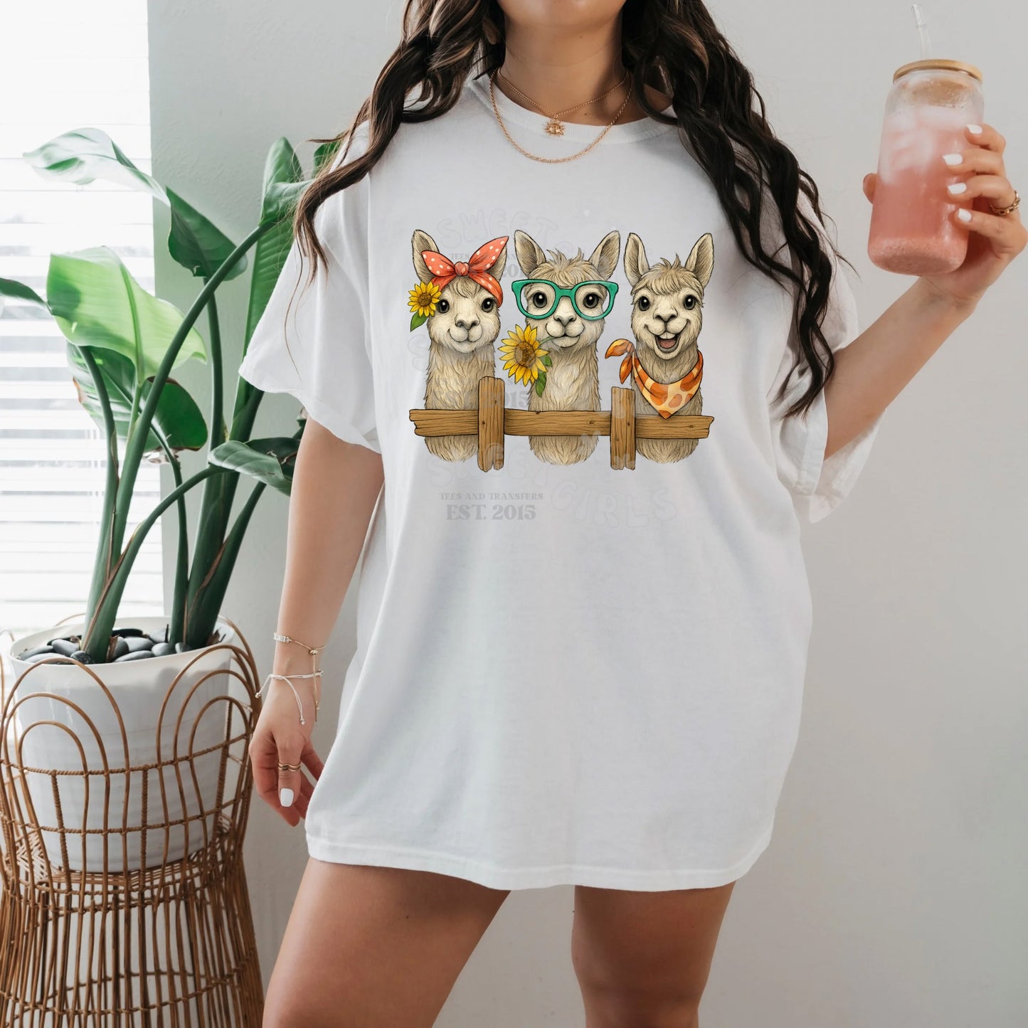 Ready to Press Trio Llamas with Sunflowers DTF Transfer – Cute Farm Animal Direct to Film Heat Transfer for Shirts, Totes & More – Iron-On DTF for Summer, Country Style & Animal Lovers