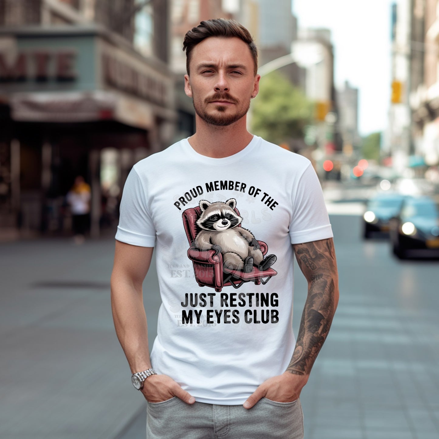 Just Resting My Eyes Club Raccoon Chair DTF Transfer – Lazy Funny Animal Iron-On – Cold Peel Ready Heat Transfer for Shirts & Loungewear