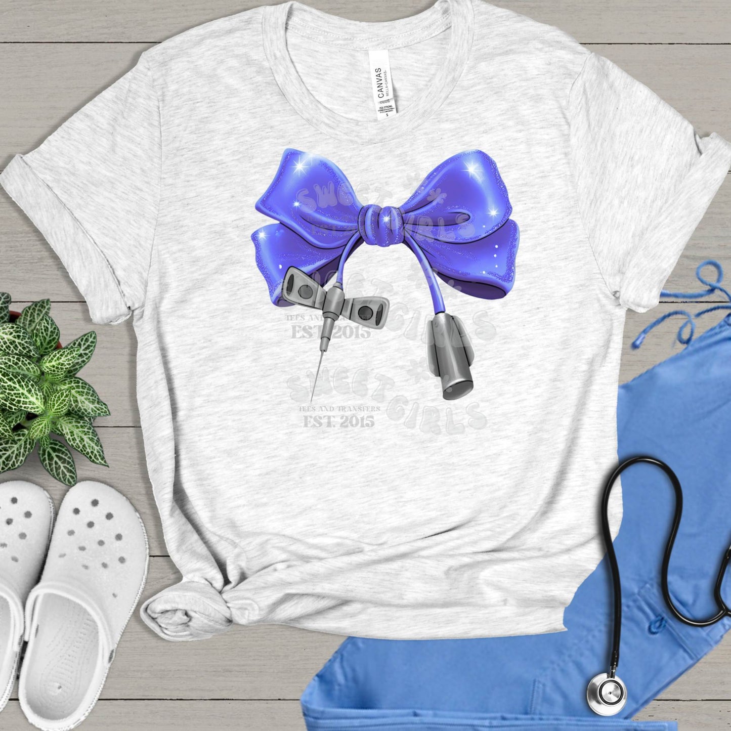 Butterfly Phlebotomy Needle DTF Transfer – Cute Nurse Iron-On – Ready to Press Heat Transfer with faux sparkle Bow for Scrubs, Blood Draw Shirts & Medical Apparel