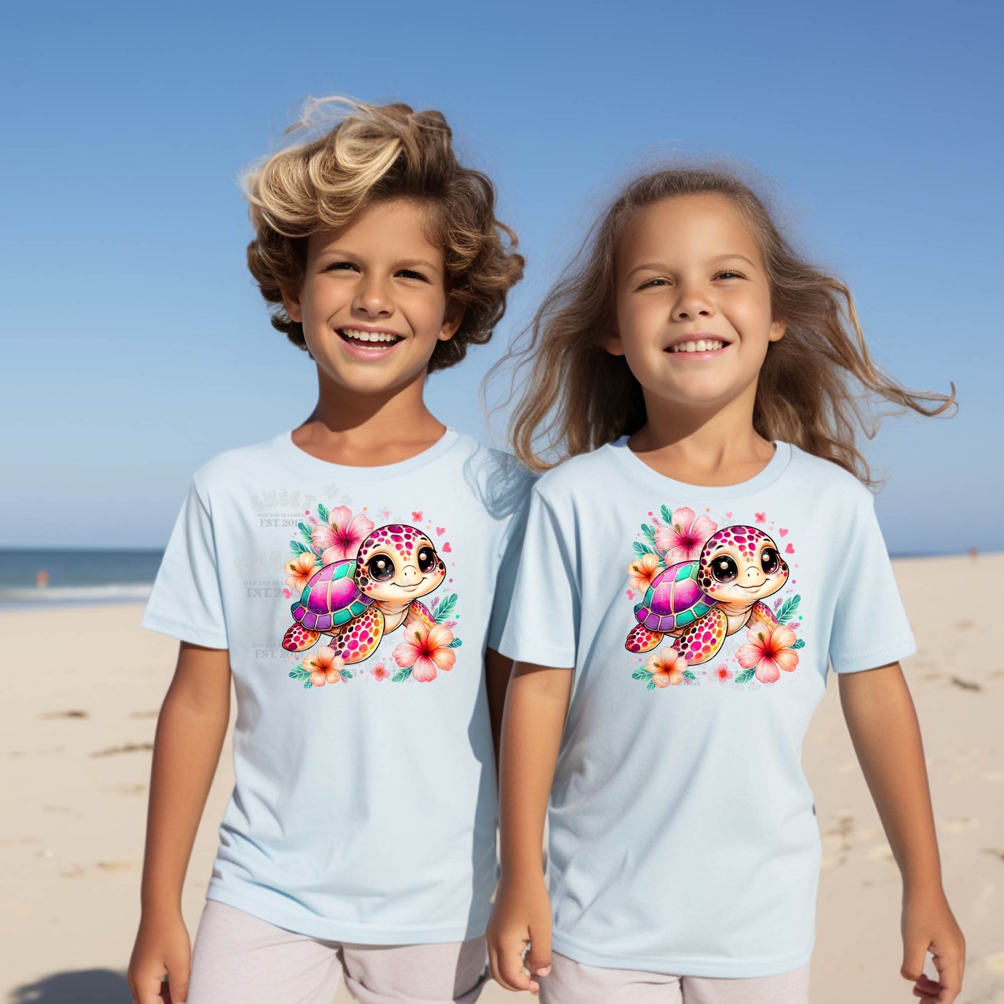 Cute Pink Sea Turtle DTF Transfer – Adorable Baby Turtle with Hibiscus Flowers Iron-On – Ready to Press Heat Transfer for Summer Shirts & Kids Apparel