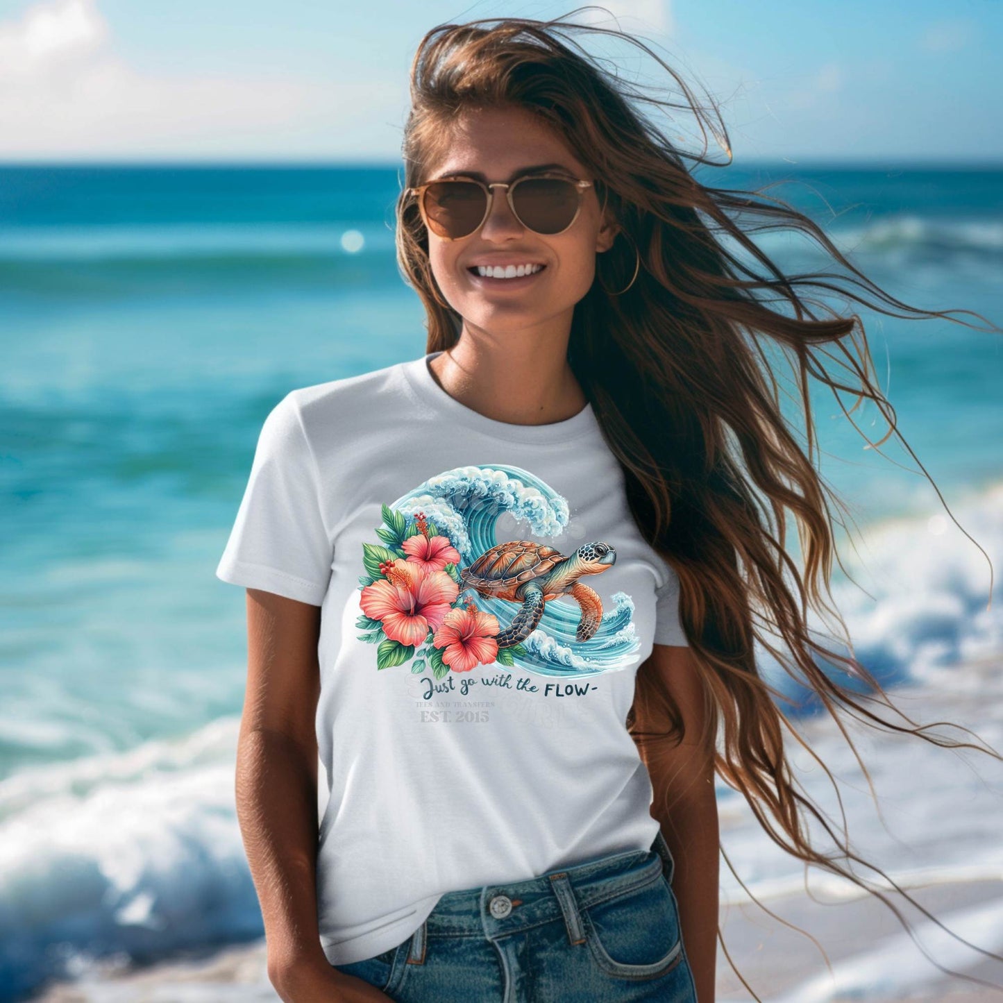 Just Go With the Flow Turtle Ocean Wave Floral DTF Transfer – Beachy Sea Life HEAT TRANSFER for Shirts and More – Ready to Press Iron-On DIY Decal for Heat Press or Iron
