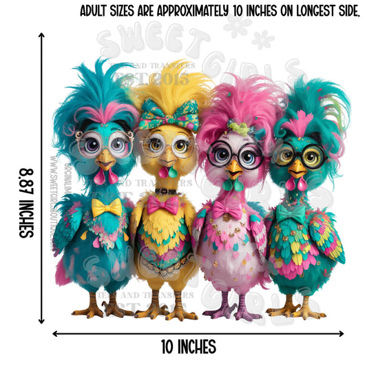 Colorful Chickens DTF Heat Transfer – Funny Bright Farm Chicken Squad Printable Iron-On Design for Tees & Farm Life Gifts