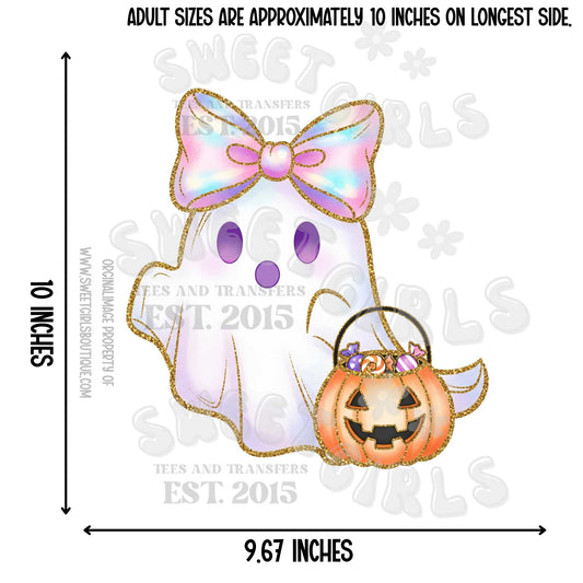 Pastel Halloween Ghost with Bow DTF Heat Transfer – Cute Girly Ghost Printable Transfer for Pink Fall Outfits & DIY Tees