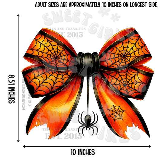 Orange Spider Bow Halloween DTF Heat Transfer – Cute Glitter Spider Web Bow Printable Iron-On for Girls' Fall Outfits