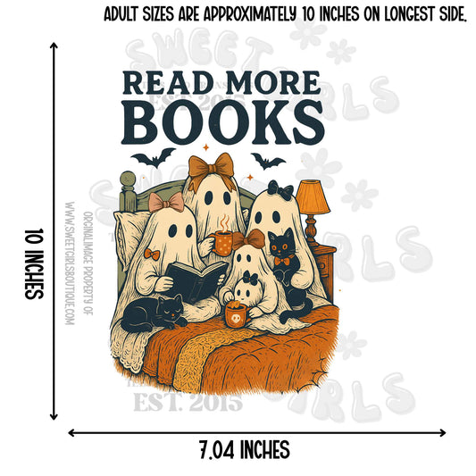 Read More Books Ghost Halloween DTF Heat Transfer – Fall Reading Skeletons Printable Iron-On for Shirts & Apparel