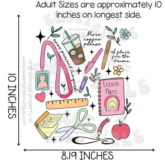 More Coffee Please DTF Transfer – Cute Teacher Heat Transfer with School Supplies – Back to School Design