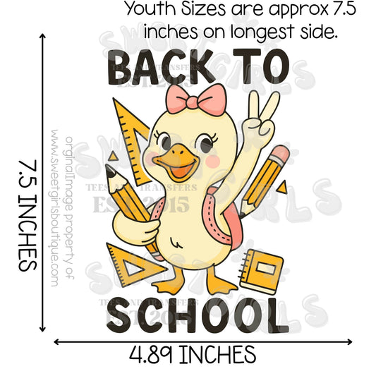 Back to School Duck DTF Transfer – Cute Duck with Pencils and Backpack – First Day of School Heat Transfer