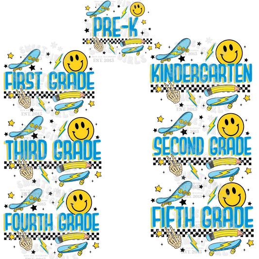 Skater Smiley Grade DTF Transfer – PreK to 5th Grade Back to School Heat Transfer for Kids and Teachers – Lightning, Stars, Smiley Face, Skateboard Design – Ready to Press