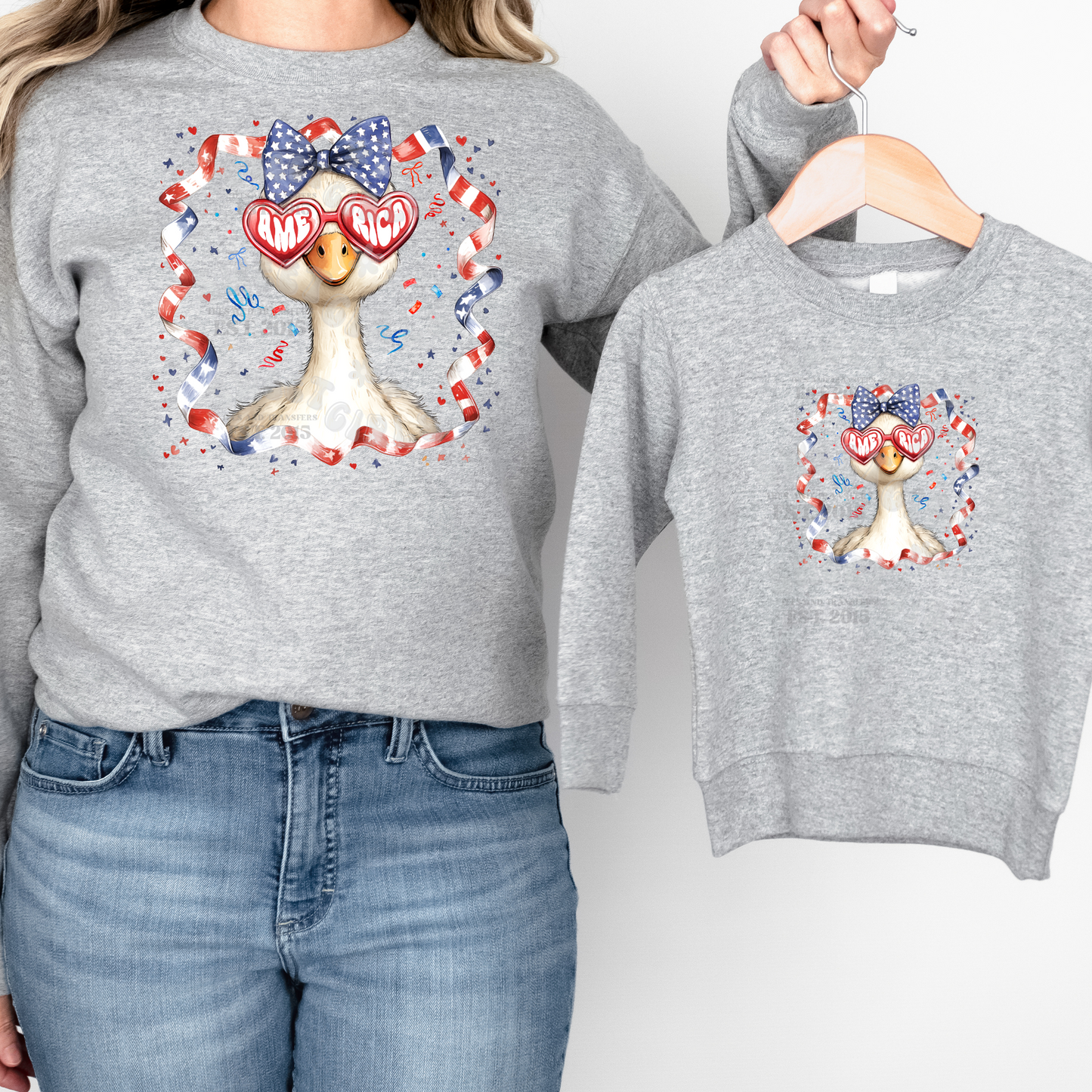 America Goose with Sunglasses & Bow DTF Heat Transfer – Patriotic 4th of July Iron-On for Tees & Totes – Ready to Press Funny Goose Design