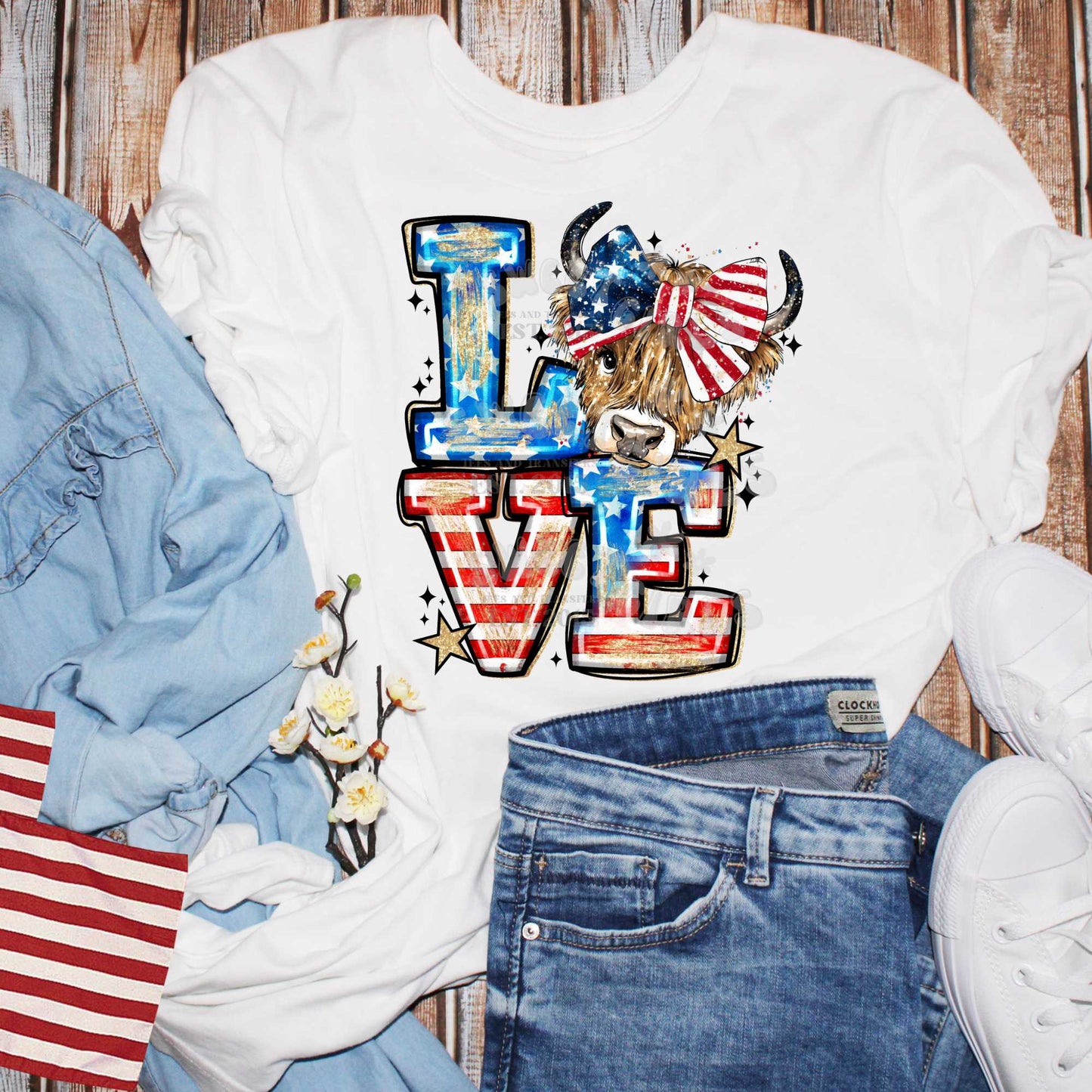 LOVE Highland Cow Patriotic Bow USA Flag DTF Transfer – Ready to Press Iron-On Heat Transfer for Shirts, Sweatshirts, Totes – American Western Farm Animal July 4th Graphic