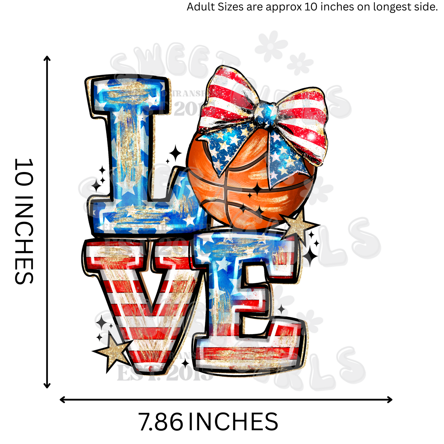 LOVE Basketball Patriotic Bow Heat Transfer – DTF Print Iron-On USA Flag Design – Red White Blue Basketball Shirt Sticker – July 4th T-Shirt Decoration