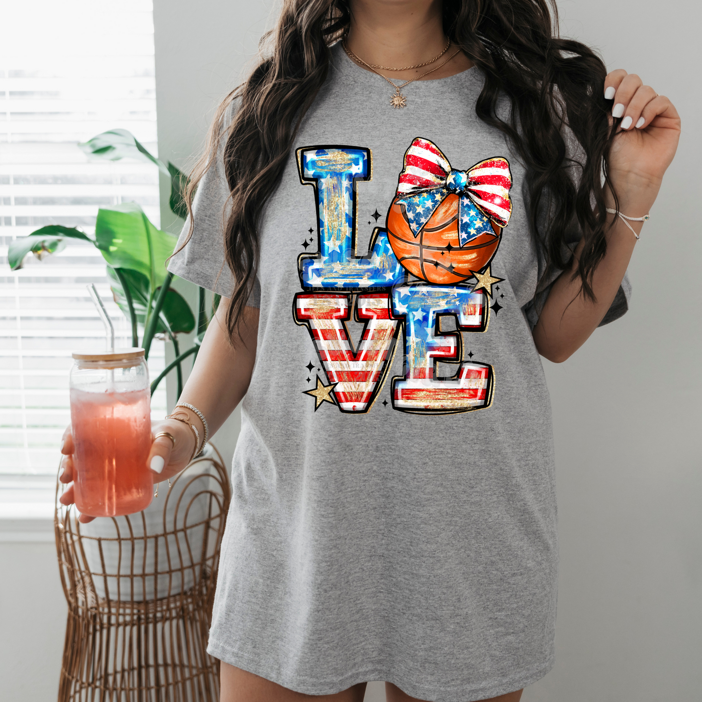 LOVE Basketball Patriotic Bow Heat Transfer – DTF Print Iron-On USA Flag Design – Red White Blue Basketball Shirt Sticker – July 4th T-Shirt Decoration