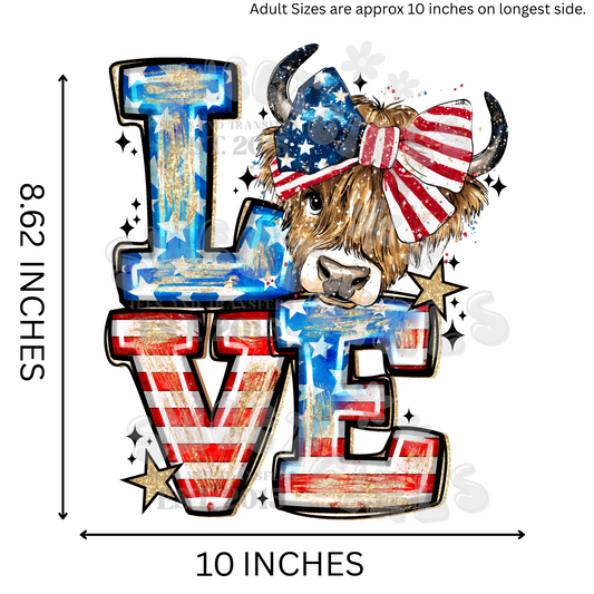 LOVE Highland Cow Patriotic Bow USA Flag DTF Transfer – Ready to Press Iron-On Heat Transfer for Shirts, Sweatshirts, Totes – American Western Farm Animal July 4th Graphic