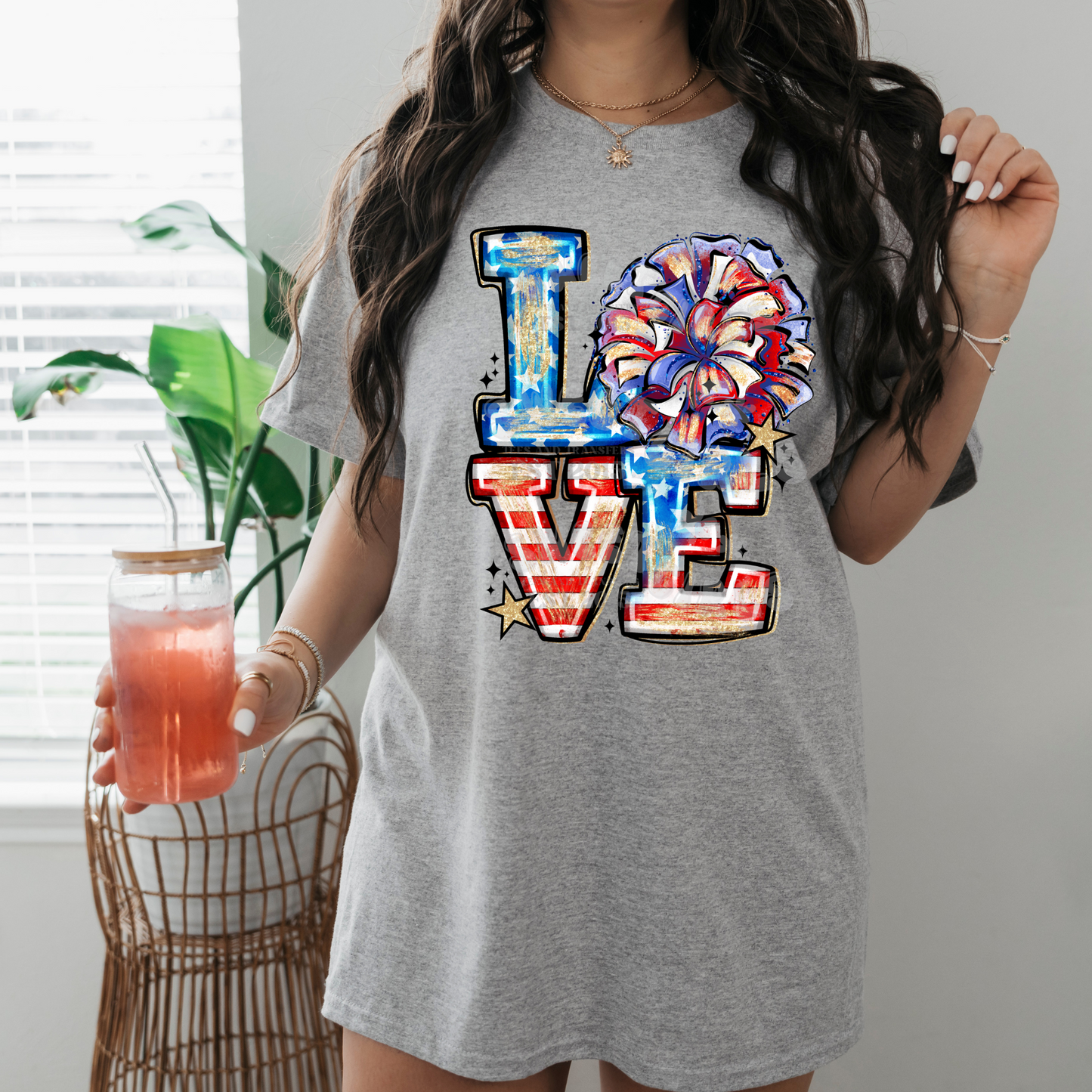 LOVE Cheer Bow USA DTF Transfer – American Flag Print Ready to Press Iron-On for Cheerleaders – Red White Blue Heat Transfer – 4th of July Fabric Sticker